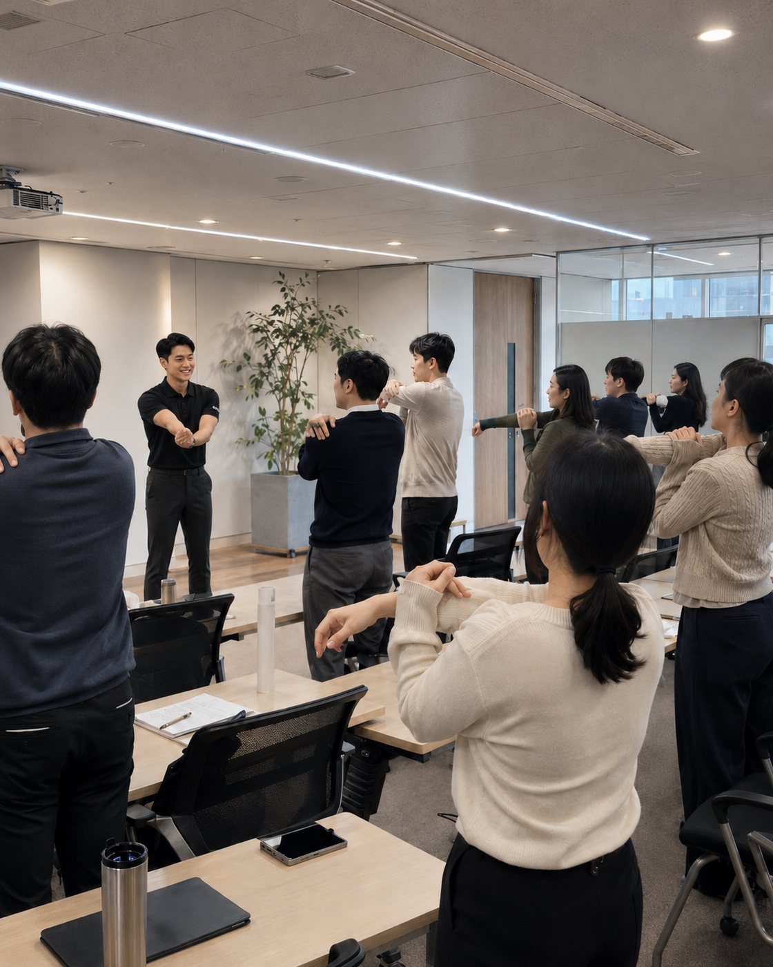 사무실에서 직원들이 함께 참여하는 단체 스트레칭 세션